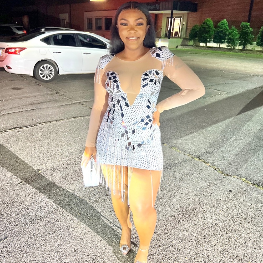 LUXURY CRYSTAL FRINGE PADDED EPAULET MIRROR SEQUIN MINI PARTY DRESS